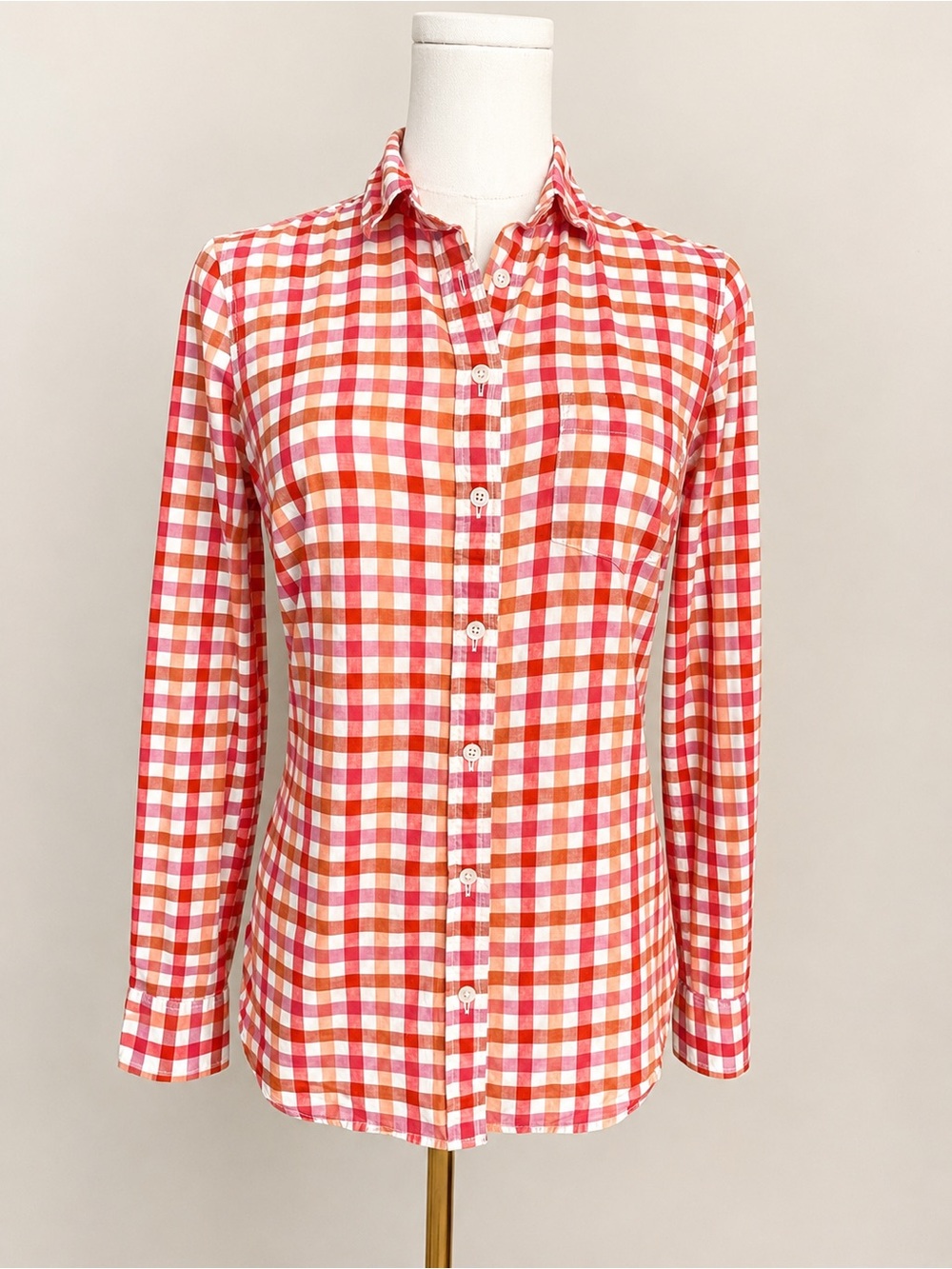 J. Crew Re-Imagined 100% Cotton Gingham Button Down Shirt XS Pink Orange Plaid